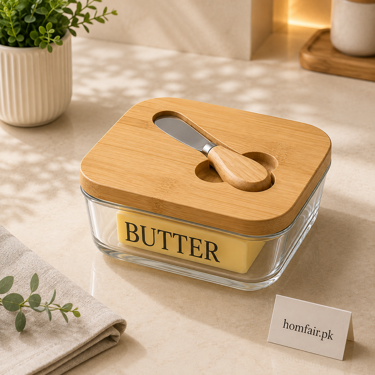 Premium Glass Butter Keeper with Wooden Lid & Butter Knife