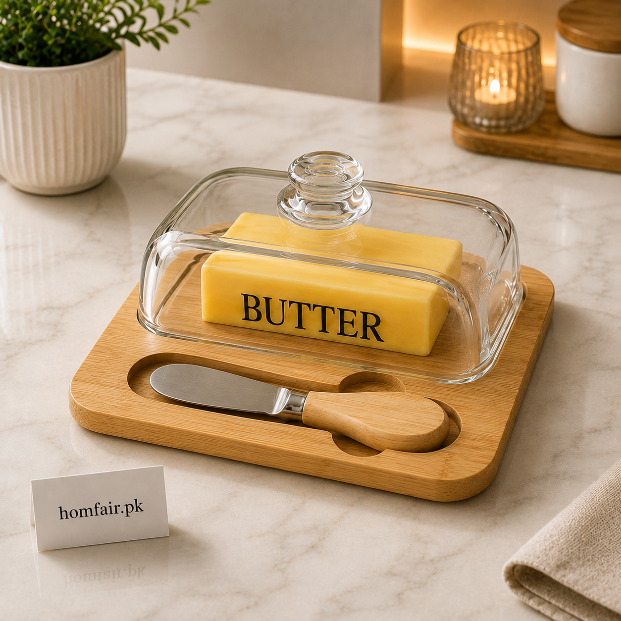 Premium Acrylic Butter Dish with Wooden Base & Butter Knife