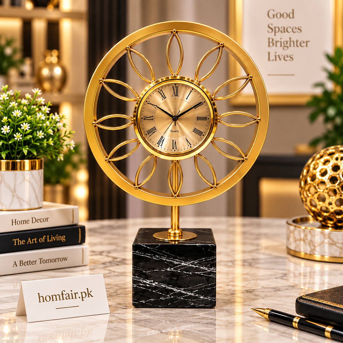 Luxury Gold Floral Table Clock – Elegant Decorative Desk Clock