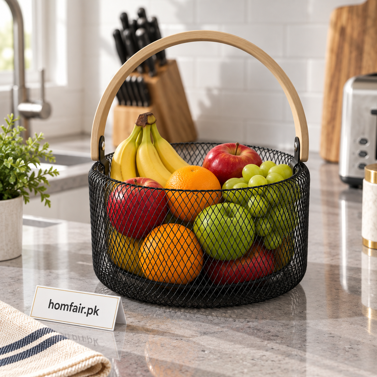 Double Wall Mesh Fruit Basket with Wooden Handle for Countertop