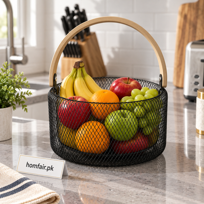 Double Wall Mesh Fruit Basket with Wooden Handle for Countertop