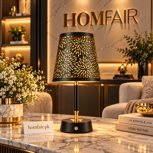 Luna Floral Cutwork LED Table Lamp – Black & Gold