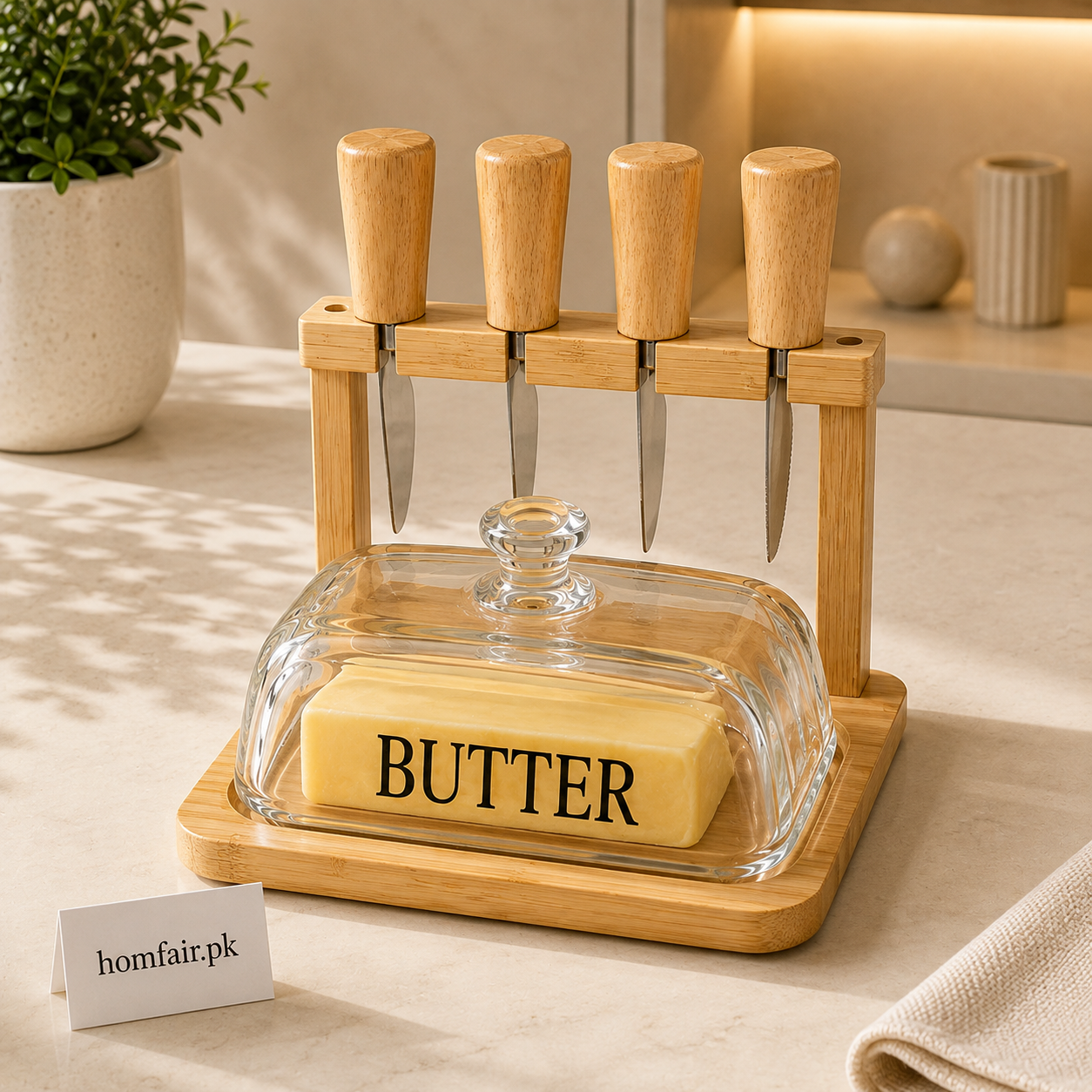 Butter Dish and Cheese Knife Set with Bamboo Base and Glass Lid