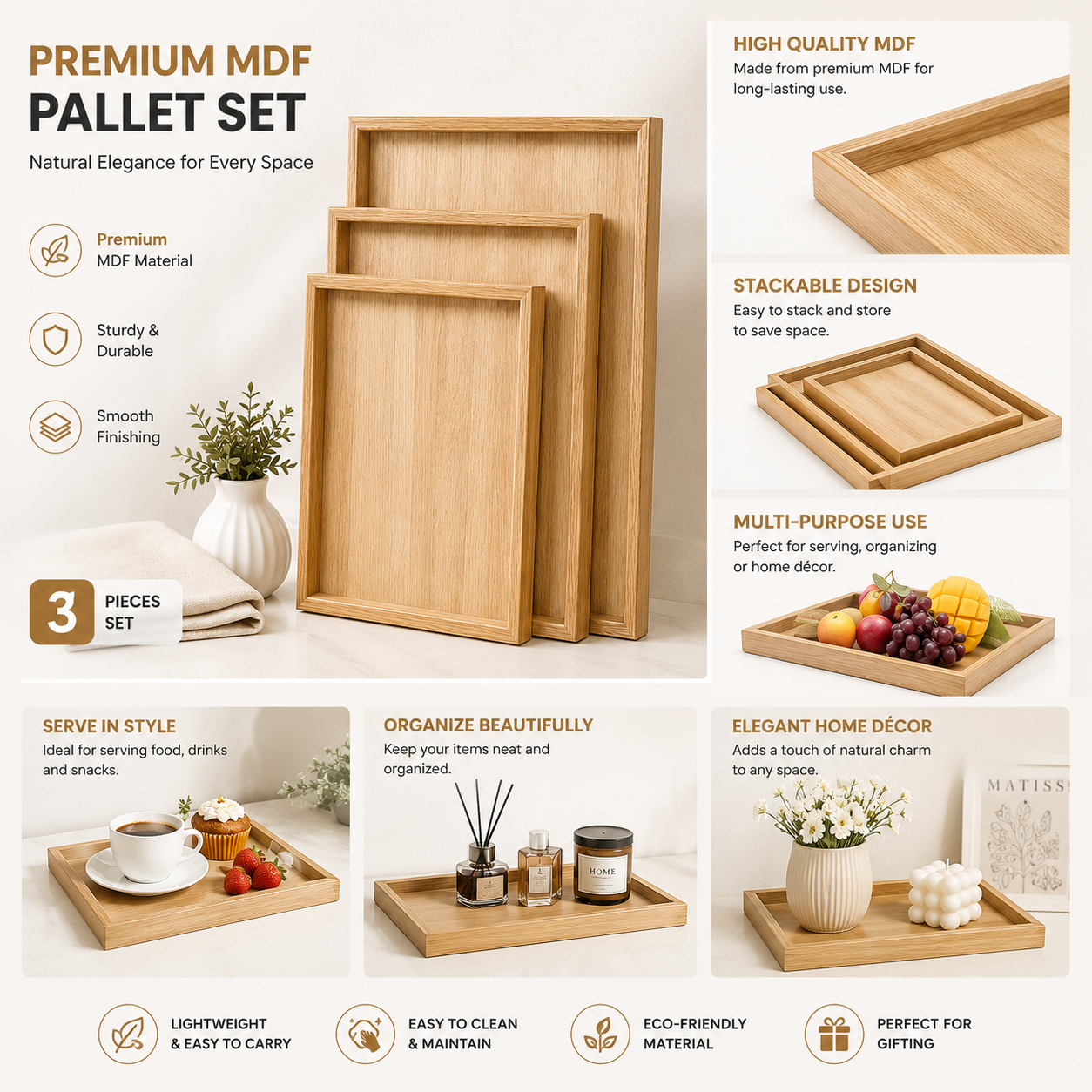 Premium 3-Piece Wooden Serving Tray Set