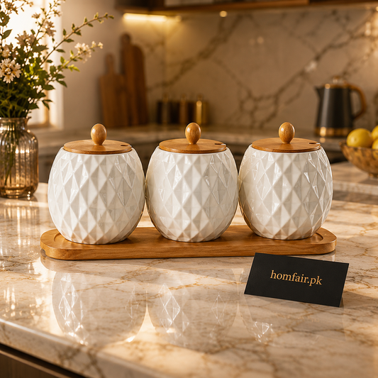 Luxury 3 Pcs Ceramic Spice Jar Set with Bamboo Lid & Wooden Tray