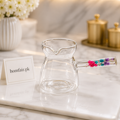 Borosilicate Glass Milk Pot with Floral Handle