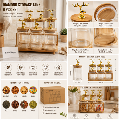 Premium 6-Piece Glass Storage Jar Set with Gold Deer Lid & Bamboo Stand