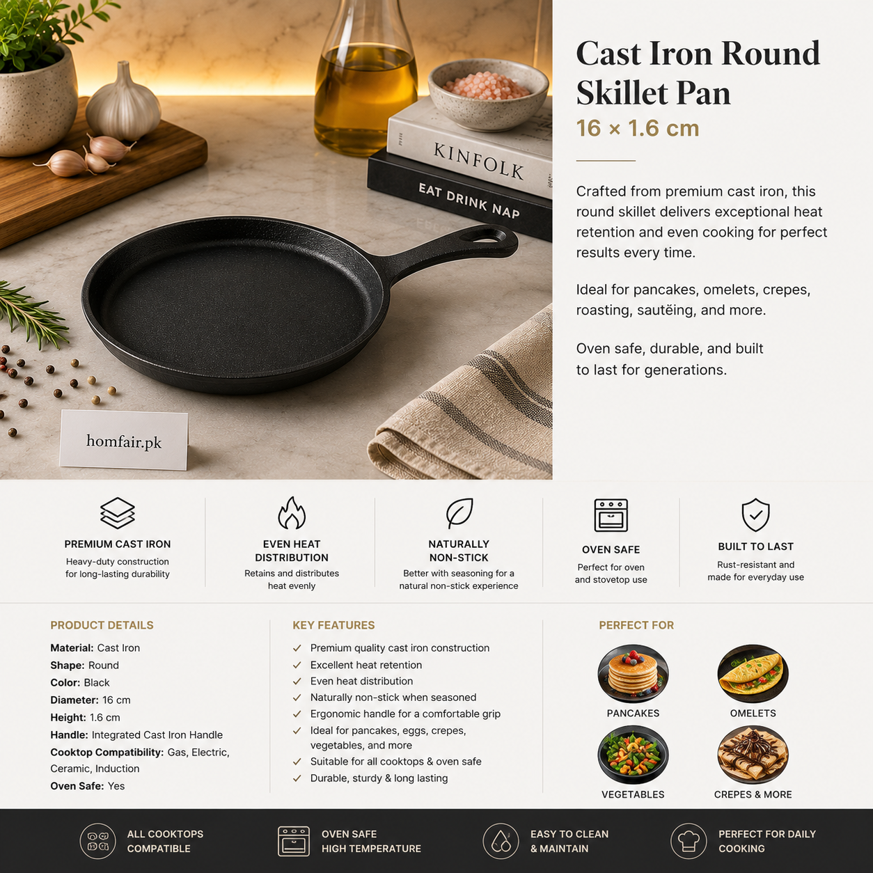 Danny Home Cast Iron Round Skillet Pan – 16 × 1.6 cm
