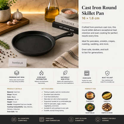Danny Home Cast Iron Round Skillet Pan – 16 × 1.6 cm