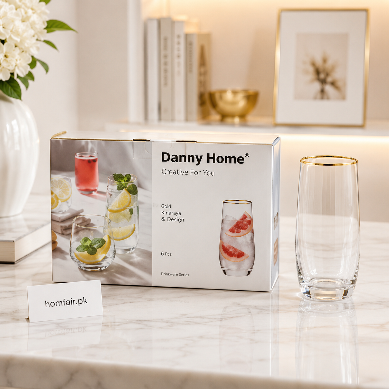 Danny Home Gold Rim Glass Cup Set 6 Pcs Premium Drinking Glasses