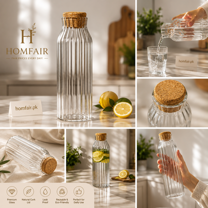 Ribbed Glass Water Bottle with Natural Cork Lid