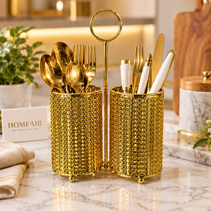 Luxury Golden Double Cutlery Holder with Decorative Design | 2-Compartment Kitchen Organizer