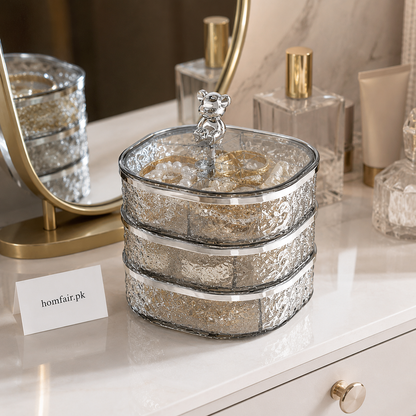 Luxury 3-Tier Glass Jewelry Organizer Box with Bear Handle