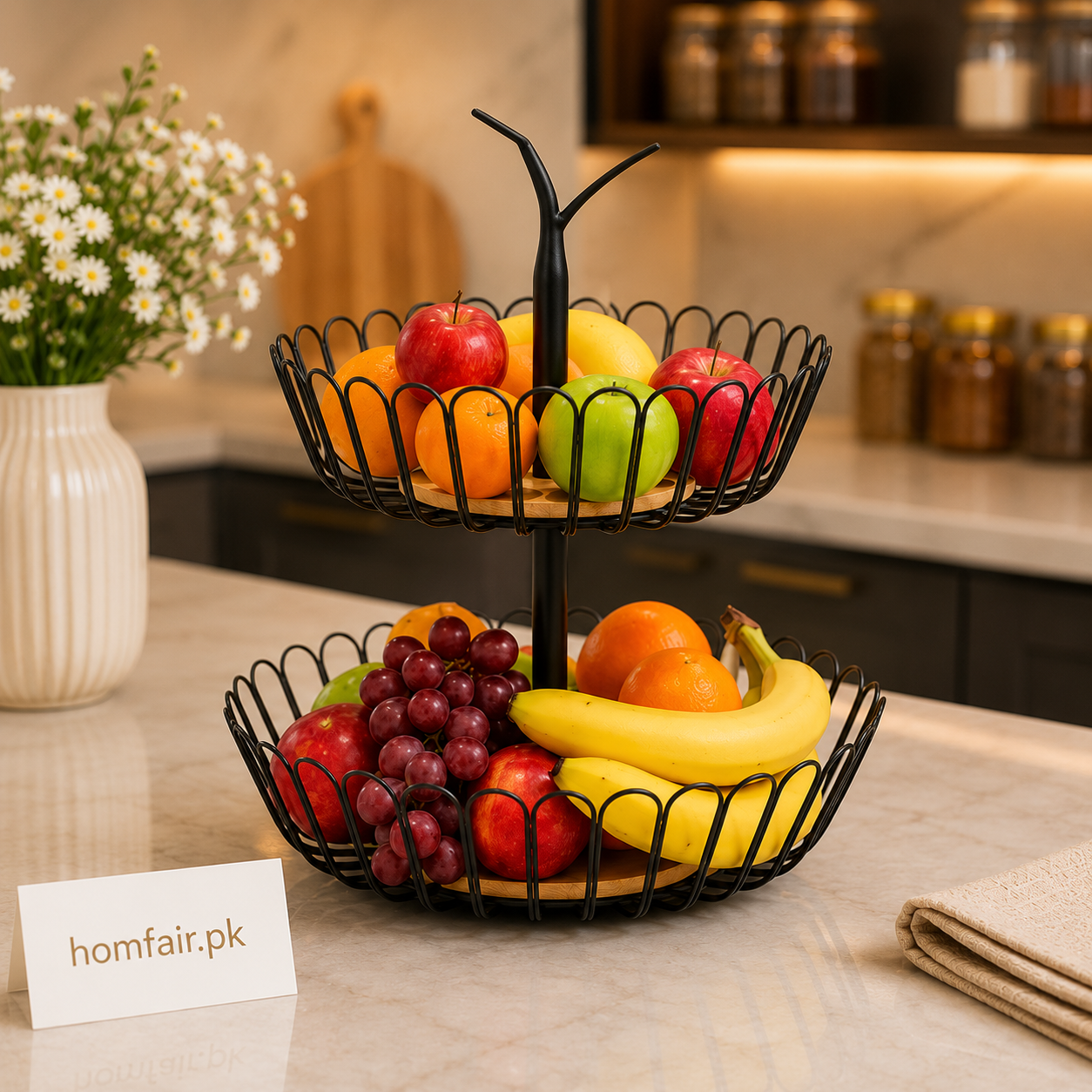 Premium 2-Tier Metal Fruit Basket Stand – Modern Kitchen Countertop Organizer