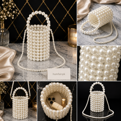 Luxury Handmade Pearl Beaded Bucket Bag Elegant Mini Crossbody Handbag