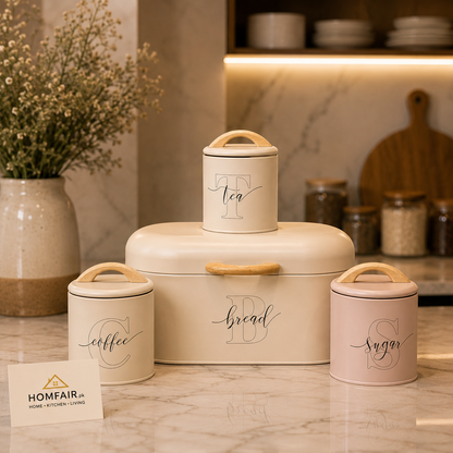 Premium Tea, Coffee, Sugar & Bread Storage Set Wooden Handle Kitchen Canisters