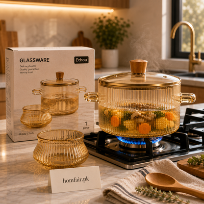 Heat Resistant Gold Ribbed Glass Cooking Pot with Lid & Glass Bowl Set