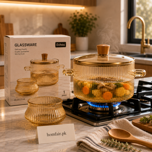Heat Resistant Gold Ribbed Glass Cooking Pot with Lid & Glass Bowl Set