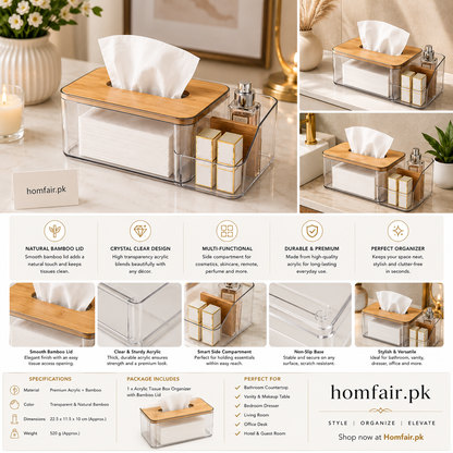 Premium Clear Acrylic Tissue Box Organizer with Bamboo Lid & Storage Compartment