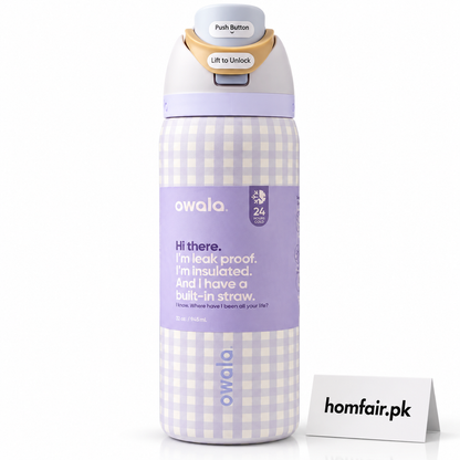Owala 32oz lavender and white gingham insulated water bottle with built-in straw and cream locking lid