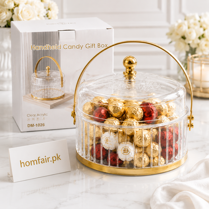 Luxury Acrylic Handheld Candy Gift Box with Gold Handle & Lid