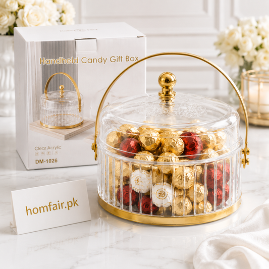 Luxury Acrylic Handheld Candy Gift Box with Gold Handle & Lid