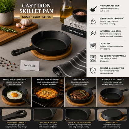 Danny Home Cast Iron Round Skillet with Bamboo Serving Base - 15.5 × 3 cm