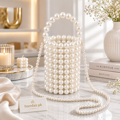 Luxury Handmade Pearl Beaded Bucket Bag Elegant Mini Crossbody Handbag
