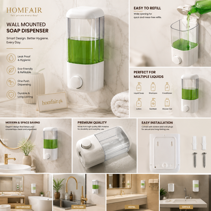 Wall Mounted Refillable Soap Dispenser Bathroom Shampoo & Liquid Soap Pump