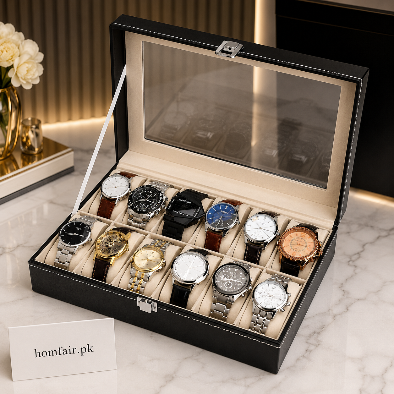 Luxury 12-Slot Watch Organizer Box with Glass Display Lid