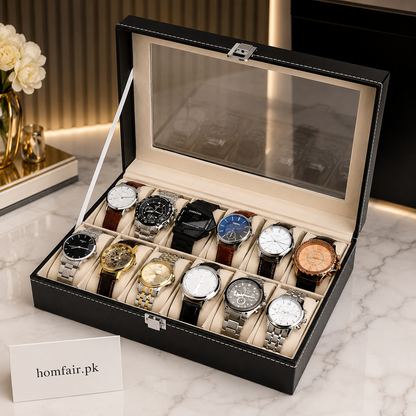 Luxury 12-Slot Watch Organizer Box with Glass Display Lid
