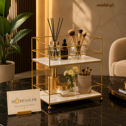 Luxury 2 Tier Gold Vanity Organizer Rack for Bathroom Countertop and Makeup Storage Display Shelf