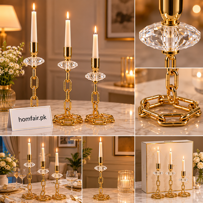 3pcs Set Majestic Gold Chain Crystal Candle Holder Set