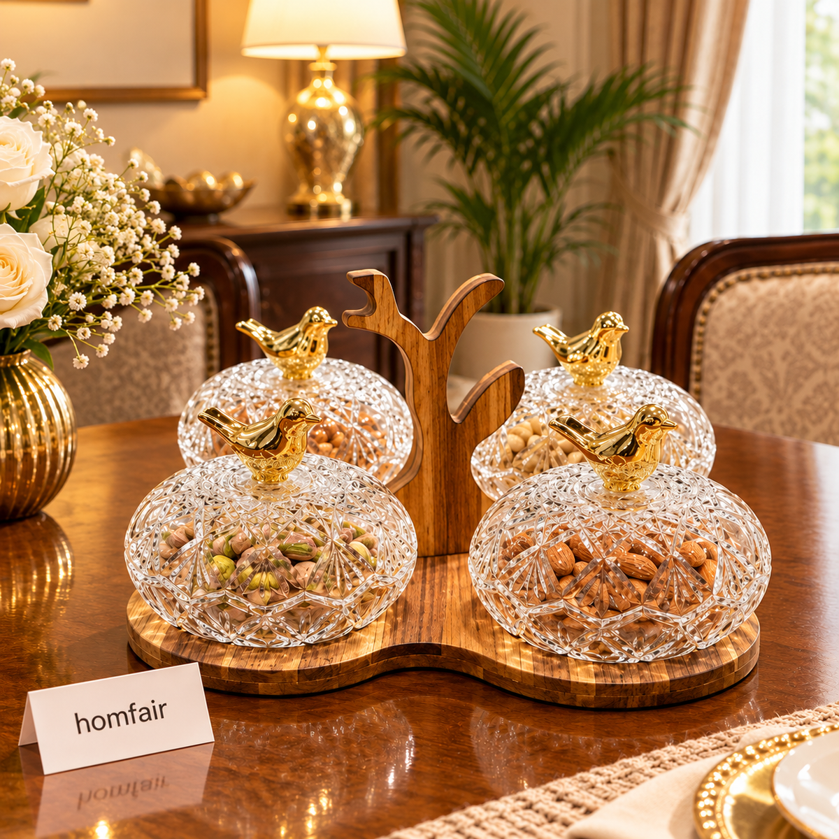 Walnut-Finish 4-Bowl Dry Fruit Stand with Decorative Bird Lids