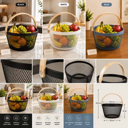Premium Metal Mesh Storage Basket with Wooden Handle – Multi-Purpose Organizer
