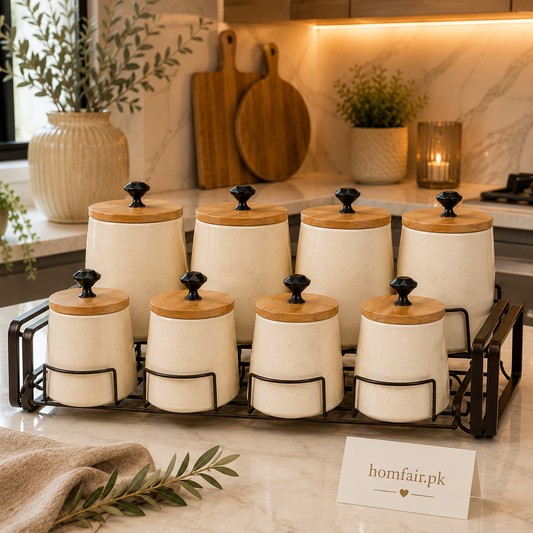Premium 8-Piece Ceramic Spice Jar Set with Metal Rack & Bamboo Lids