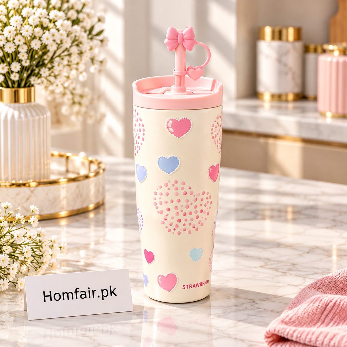 Sitarayuri Pink Bow & Pearl Design Tumbler with Decorative Straw Lid