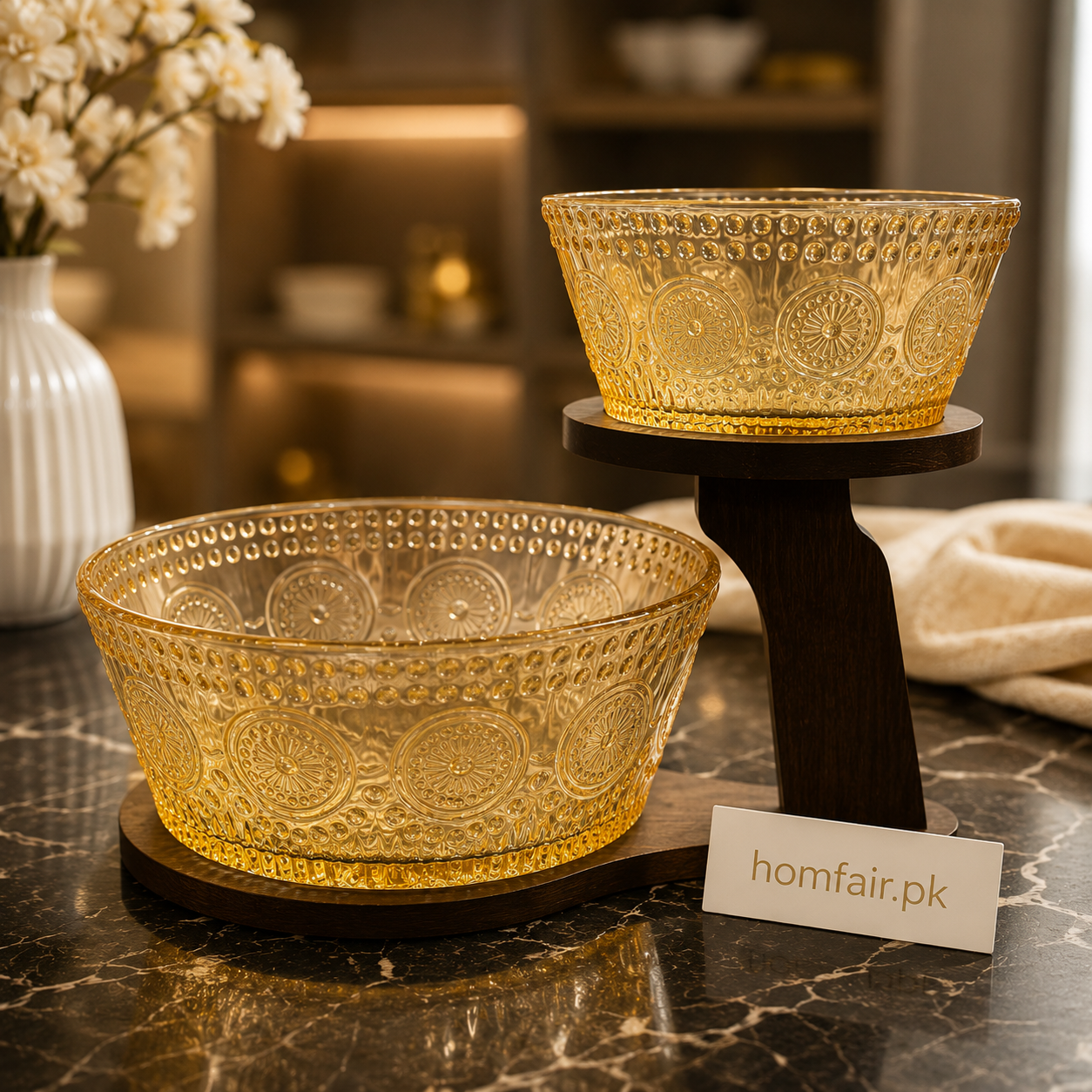 Embossed Amber Glass Sunflower Salad Bowl Set (2-Piece)