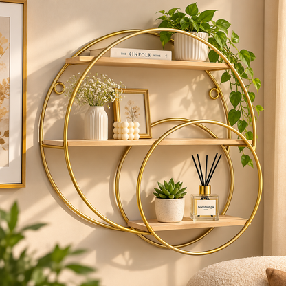 Luxury Gold Circular Display Shelf with 3 Wooden Tiers – Modern Home Decor & Storage Rack