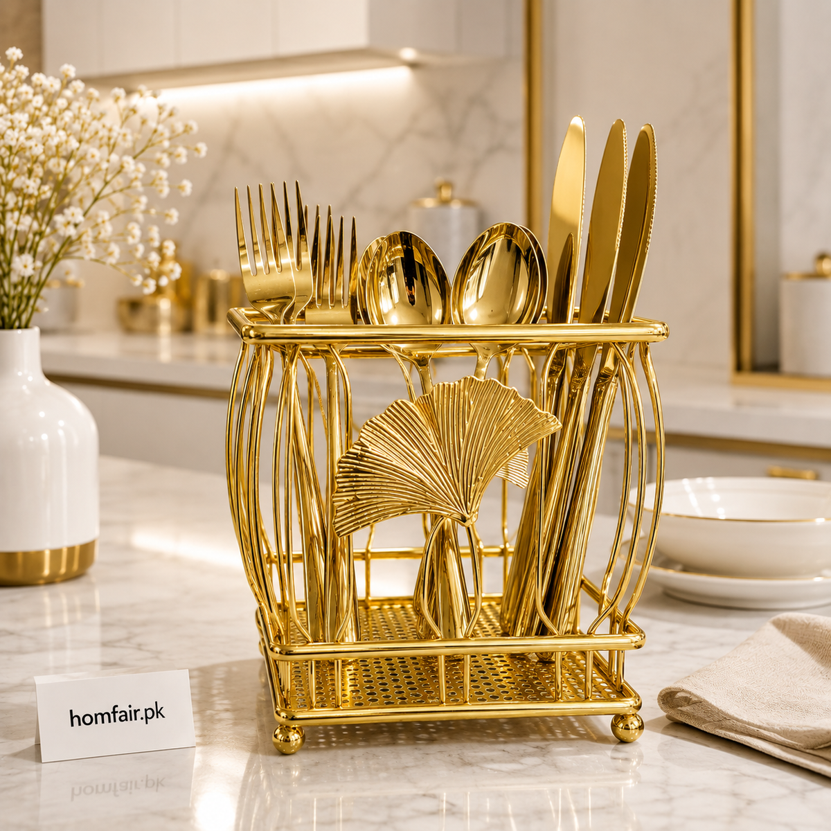 Luxury Golden Cutlery Holder with Leaf Design
