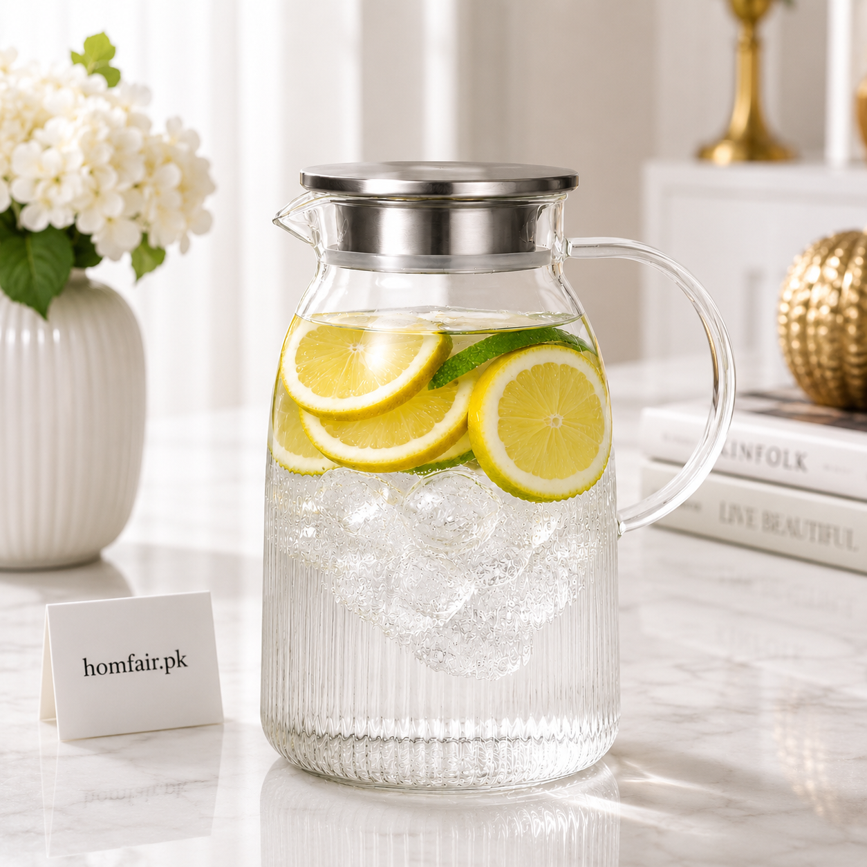 Danny Home Premium Glass Water Pitcher with Stainless Steel Lid — 1.9L