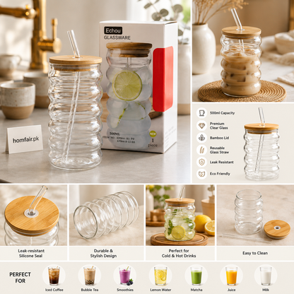 500ml Clear Ribbed Glass Tumbler with Bamboo Lid & Glass Straw