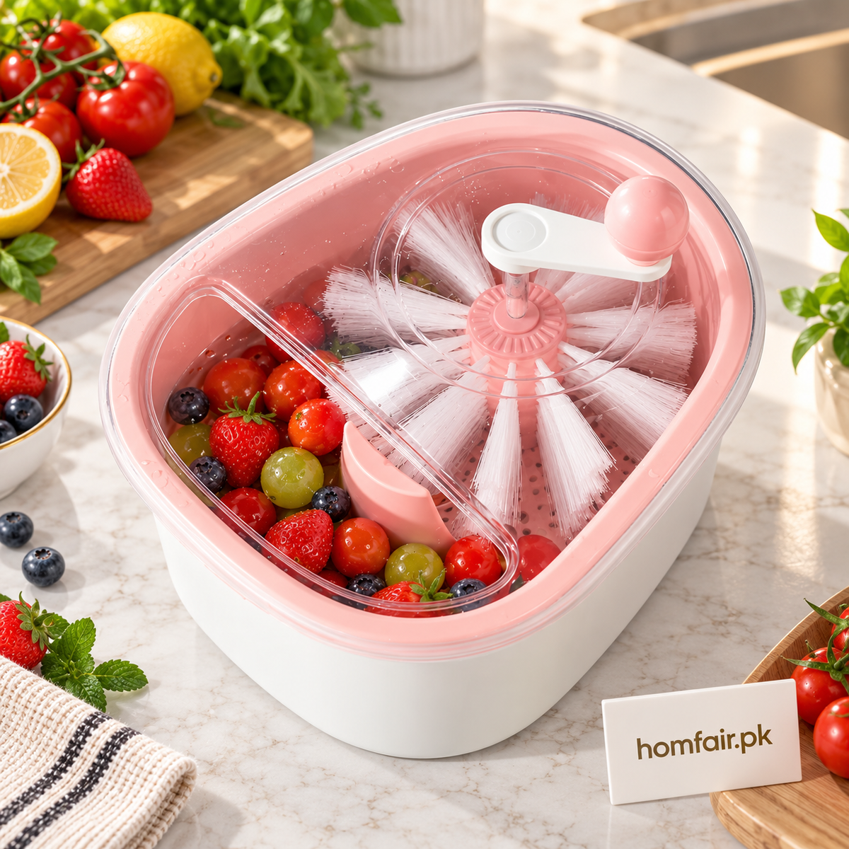 Hand-Crank Fruit and Vegetable Washer with Rotating Cleaning Brush