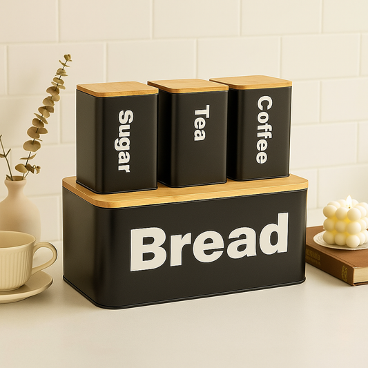 Luxury Matte Black Bread & Canister Set - Tea, Coffee, Sugar, Storage With Bamboo Lids