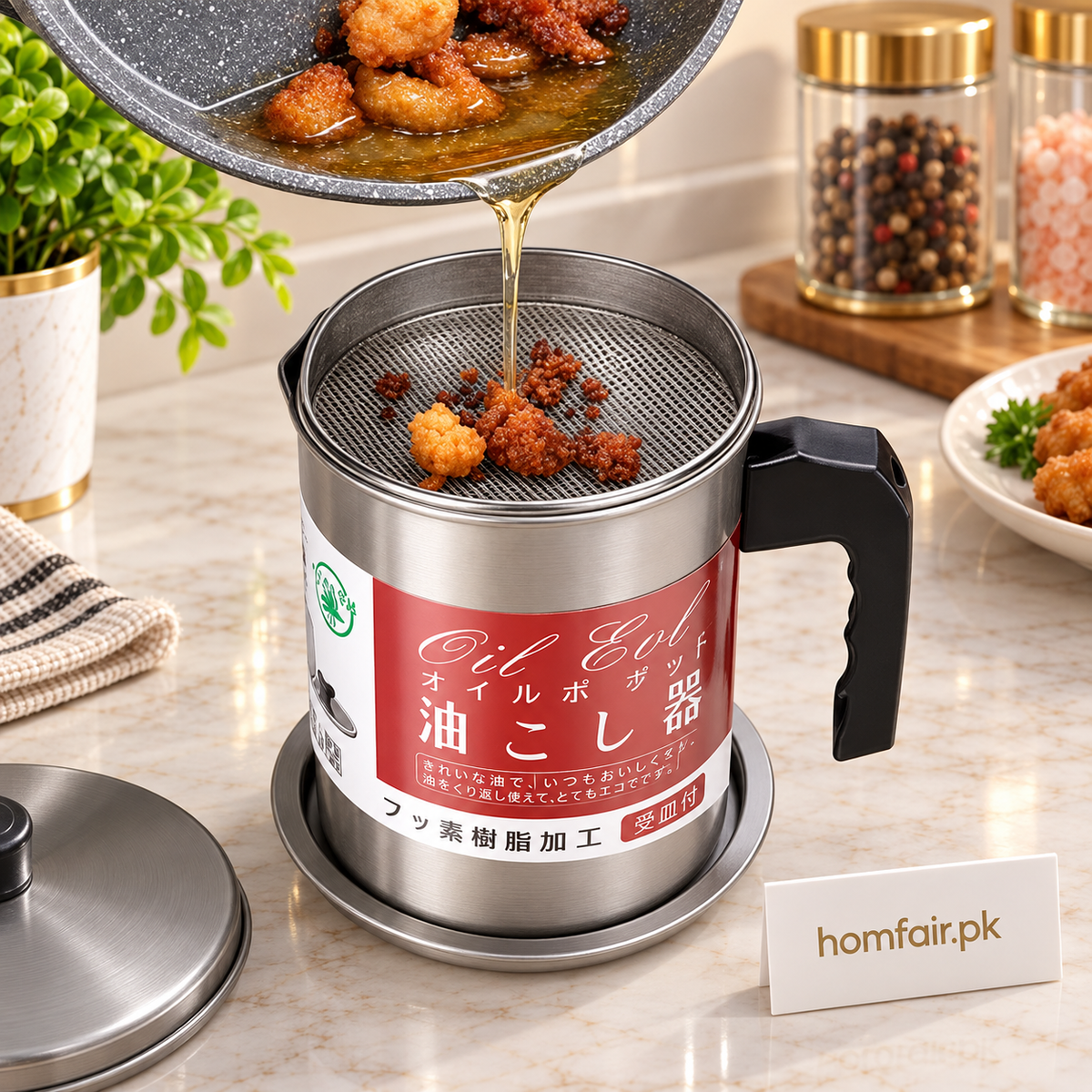 Stainless Steel Oil Filter Pot with Fine Mesh Strainer and Secure Lid