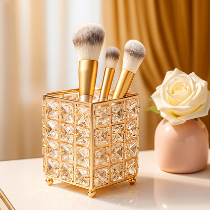 Crystal Makeup Brush & Candle Holder Elegant Desk Organizer