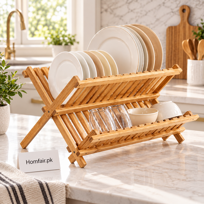 Foldable Bamboo Dish Rack, Kitchen Countertops, Wooden Plate Holder, Dish Drying Organizer.