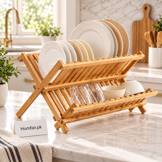 Foldable Bamboo Dish Rack, Kitchen Countertops, Wooden Plate Holder, Dish Drying Organizer.