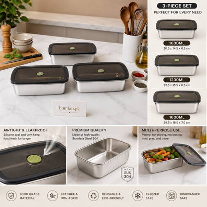 3-Piece SUS 304 Stainless Steel Airtight Food Storage Container Set
