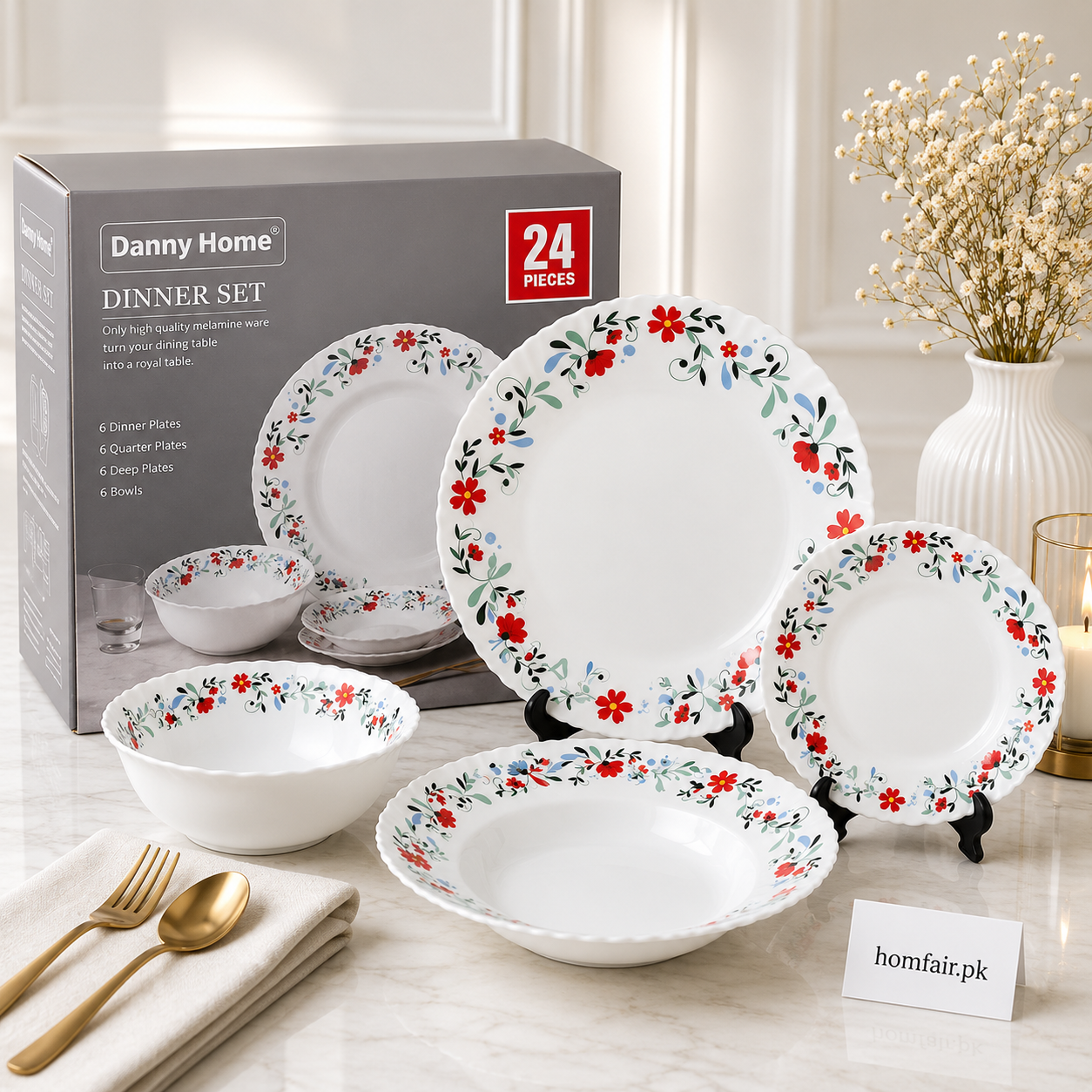 Danny Home 24 Pcs Scarlet Blossom Dinner Set